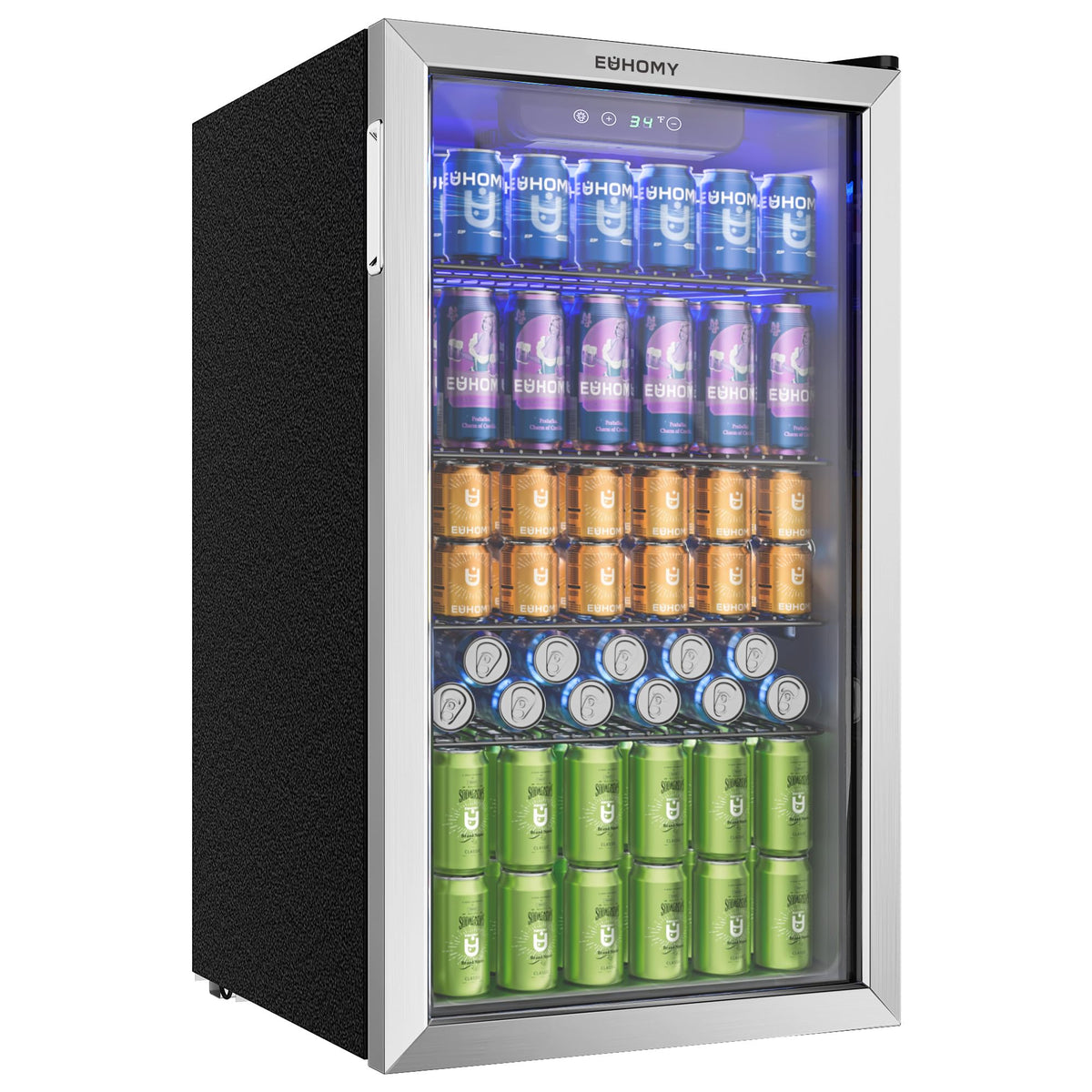 EUHOMY Beer Fridge with Glass Door, Mini Drinks Fridge 55 Can, Wine Fridge with Blue LED, Beverage Refrigerators, Removable Shelves for Bar/Home/Office/Dorm, Black, 36 L [Energy Class G]