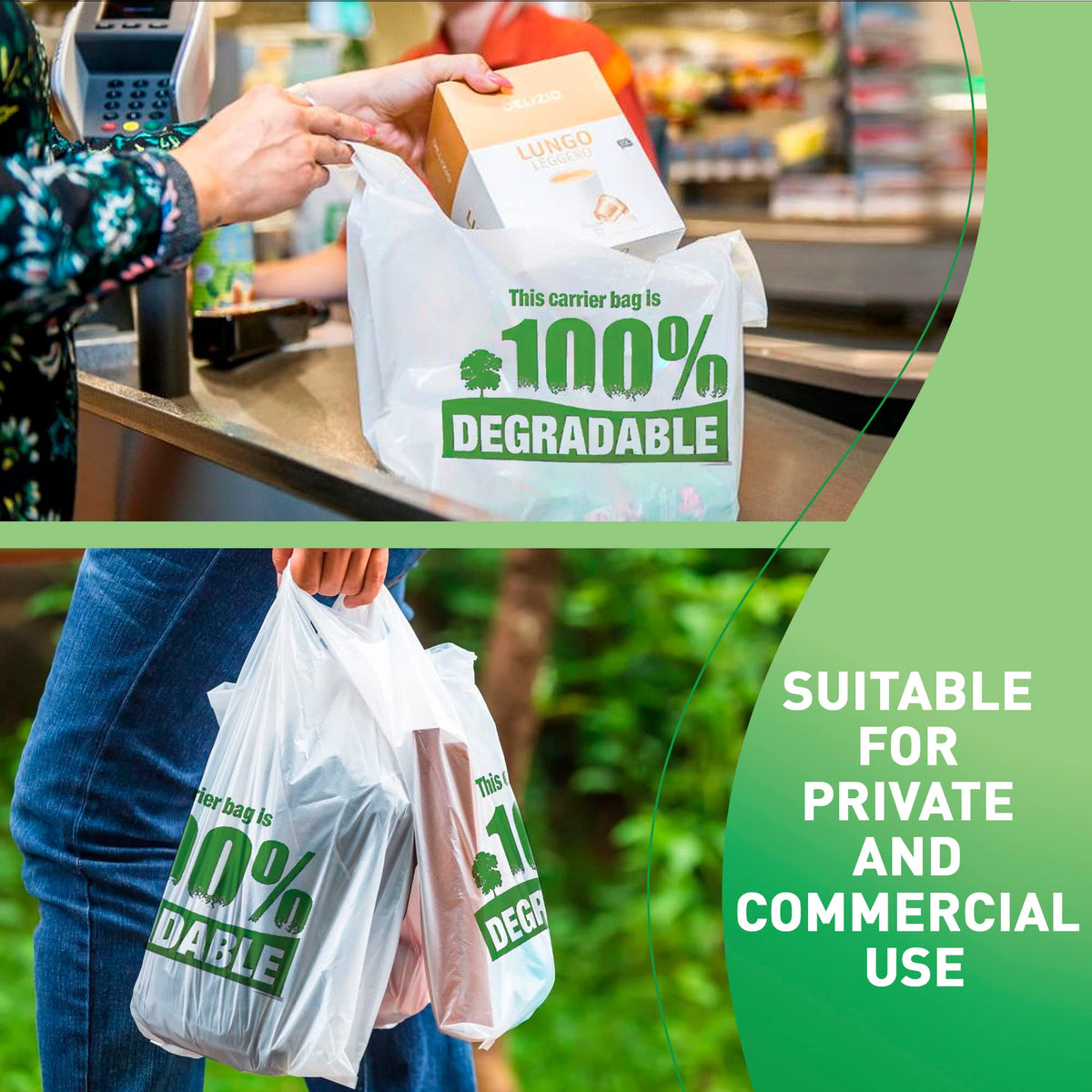 Sabco - White Vest Carrier Bags 100% Degradable - Jumbo 13 x 19 x 23" - Eco Friendly Plastic Bags - Sabco (500)