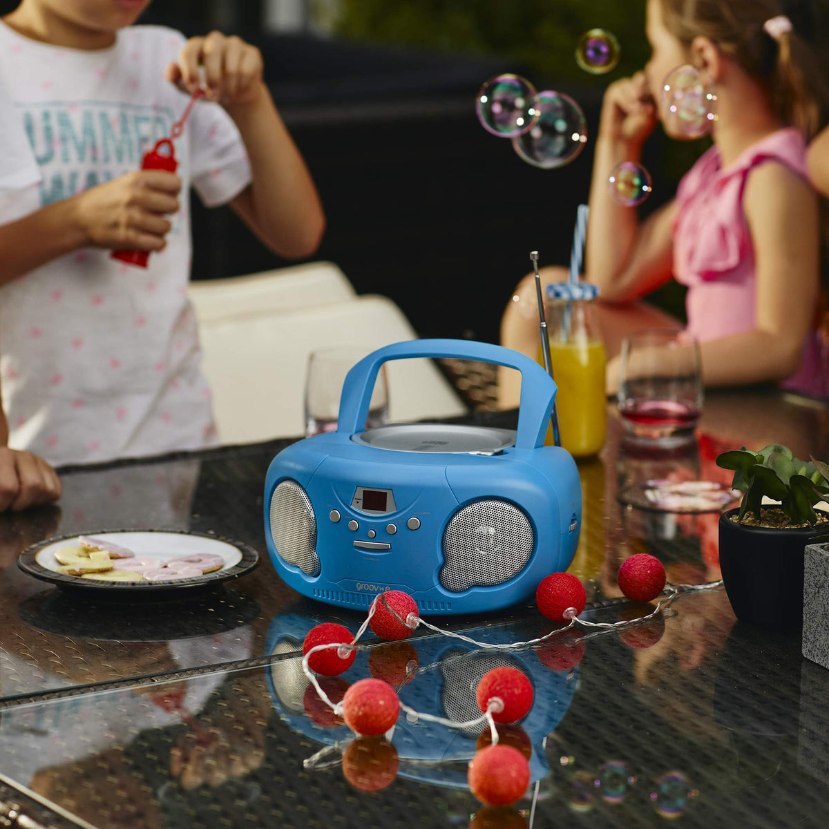 Groov-e Original Boombox - Portable CD Player with Bluetooth, Radio, 3.5mm Aux Port, & Headphone Socket - LED Display, 2 x 1.2W Speakers - Battery or Mains Powered - Black