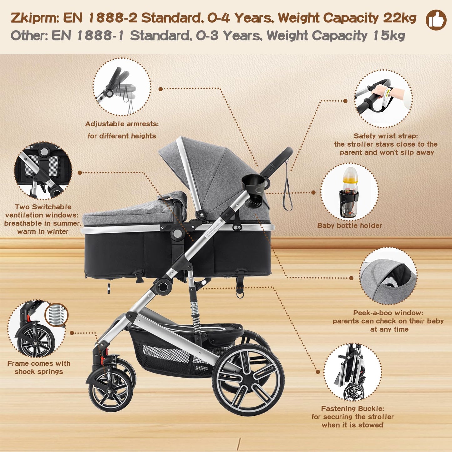 Zkipm Baby Pram 3 in 1, Foldable Baby Stroller,Pram Set Travel with Adjustable-Height Push Handle, Present Rain Cover, Mosquito Net, Bag, Cooling Mat, ect for Ages 0–3