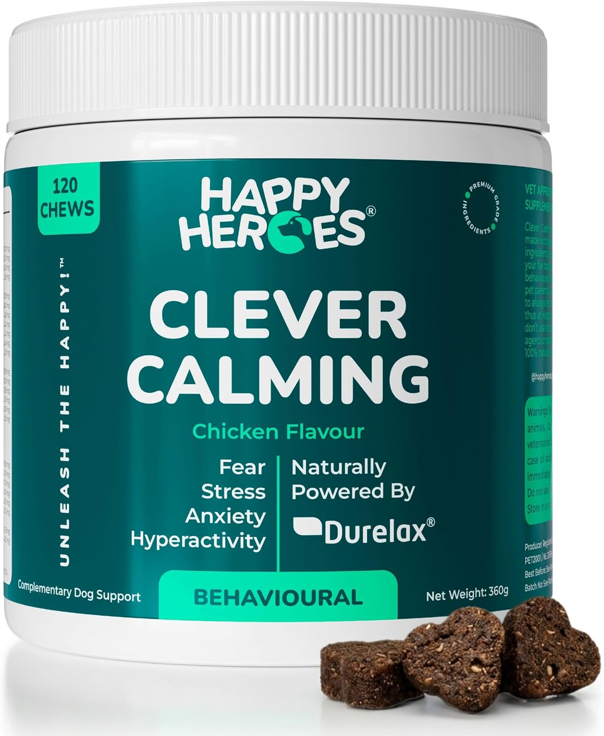 Clever Calming Dog Treats, 100% Natural Supplement, Behavioural Health, Reduces Stress, Fear, Hyperactivity, Aggression, Dog Anxiety Relief & Relaxation, 120 Grain Free Dog Treats
