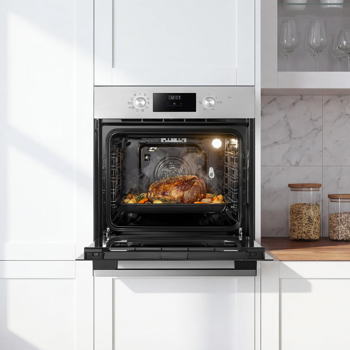 Midea 71L, 60cm Wide, Single Electric Built-in Fan Oven with Air Fry, 12 Oven Functions, Aqua Clean, LED Display, Convection, ECO, MultiLevel Cooking, Color Black - MBO65M90D2-BK