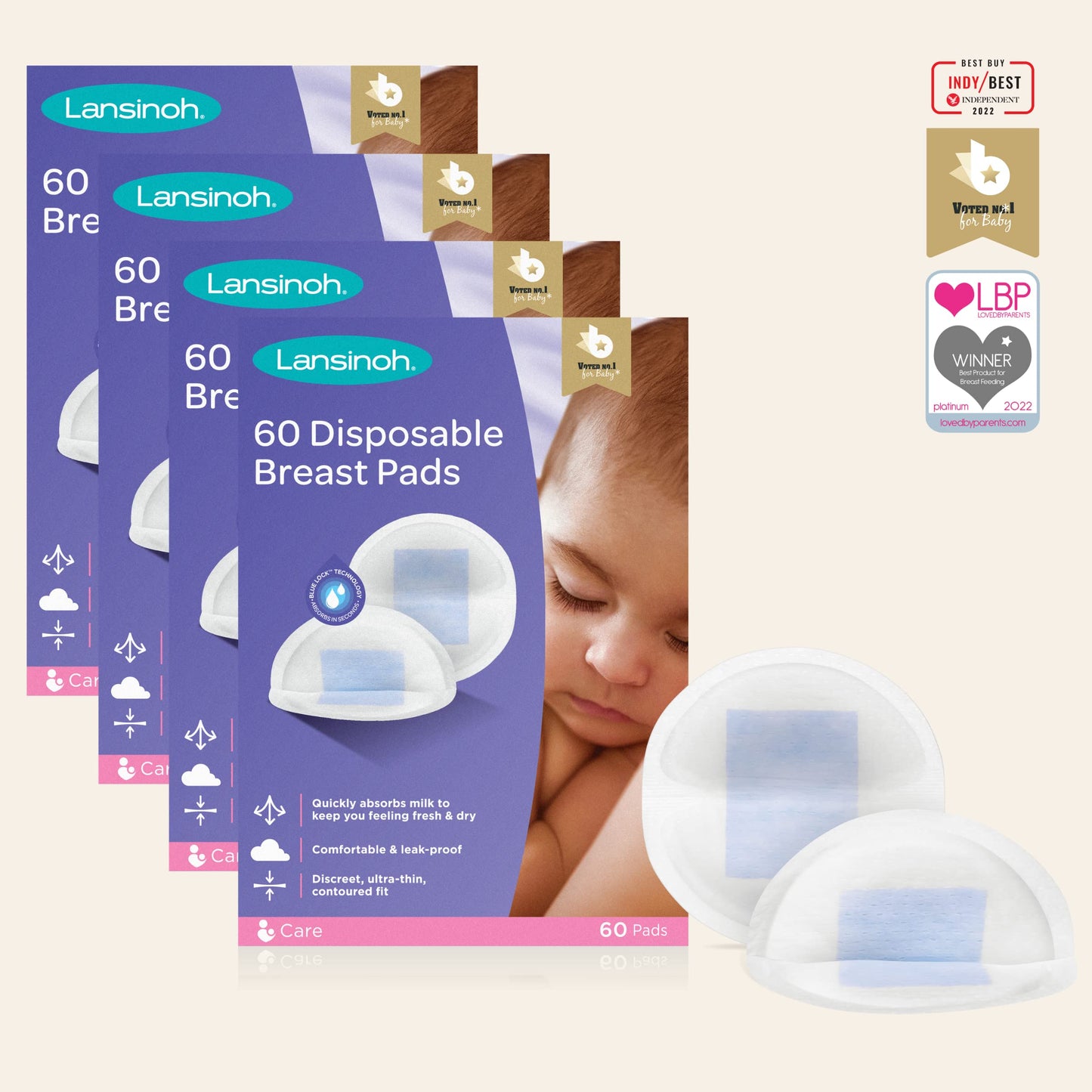 Lansinoh Disposable Breast Pads Maternity - 60 Pack - Ultra-Thin & Abosrbent Nursing Pads with BlueLock™ Core Leak-Proof Protection - Holds 20x Weight - Individually Wrapped -Breastfeeding Essentials