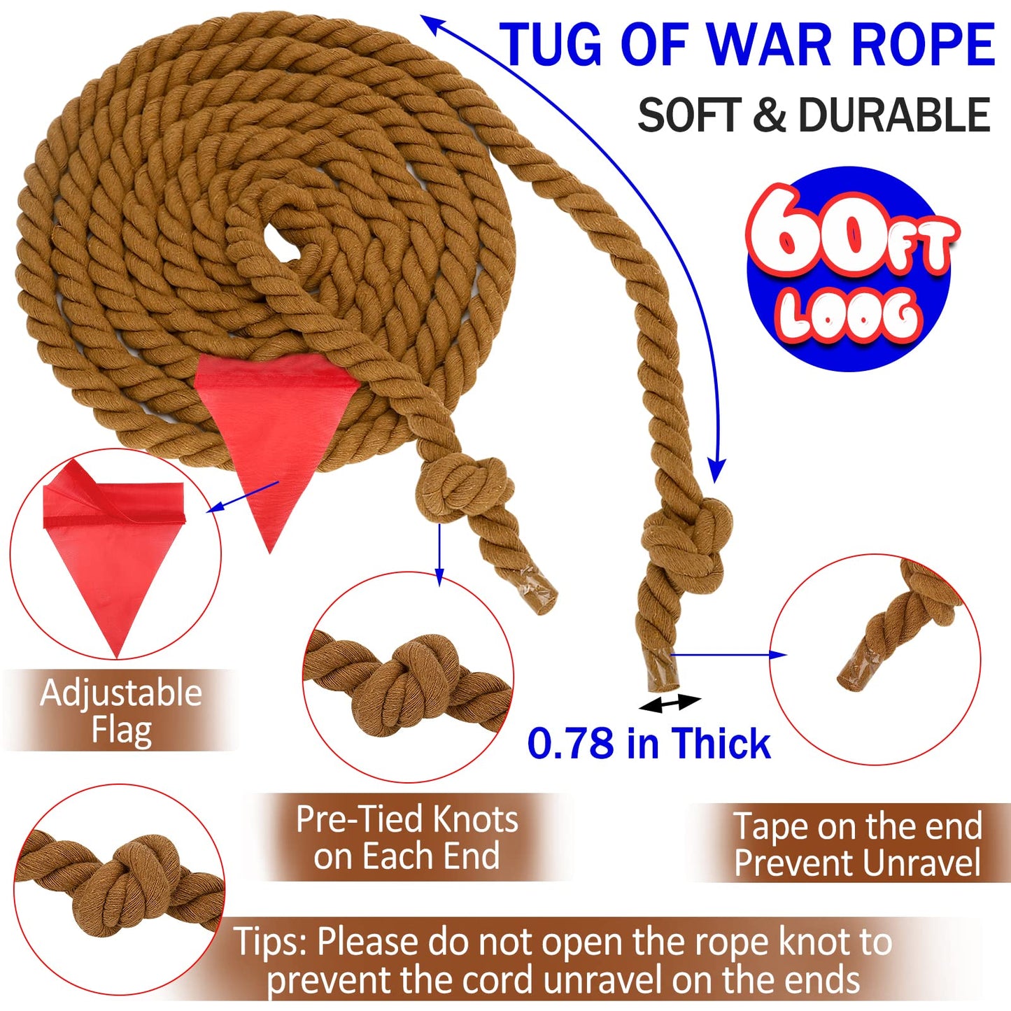 Tug of War Rope 20FT for Kids and Adults, Outdoor Field Day Lawn Yard Family Reunion Birthday Party Games, Outside Backyard Camping Picnic Game,Carnival Games Fun for Team Building Activities
