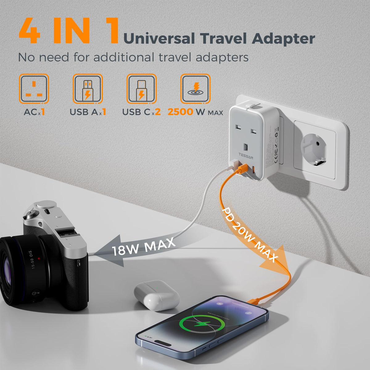 TESSAN UK to Universal Travel Adapter, 1 Pack, Black
