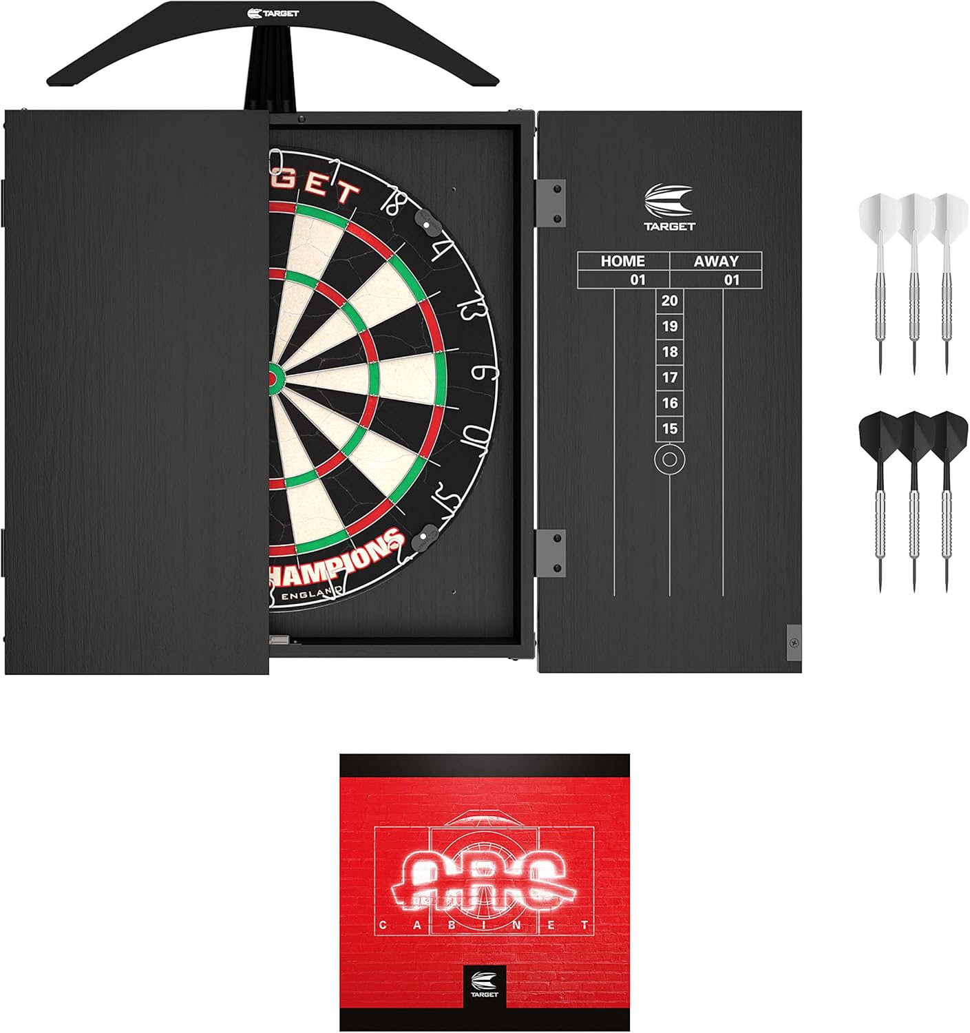 Target Darts Arc Dartboard Lighting System Home Cabinet Set - Includes World Champions Dartboard and 2 Sets of Darts, Black