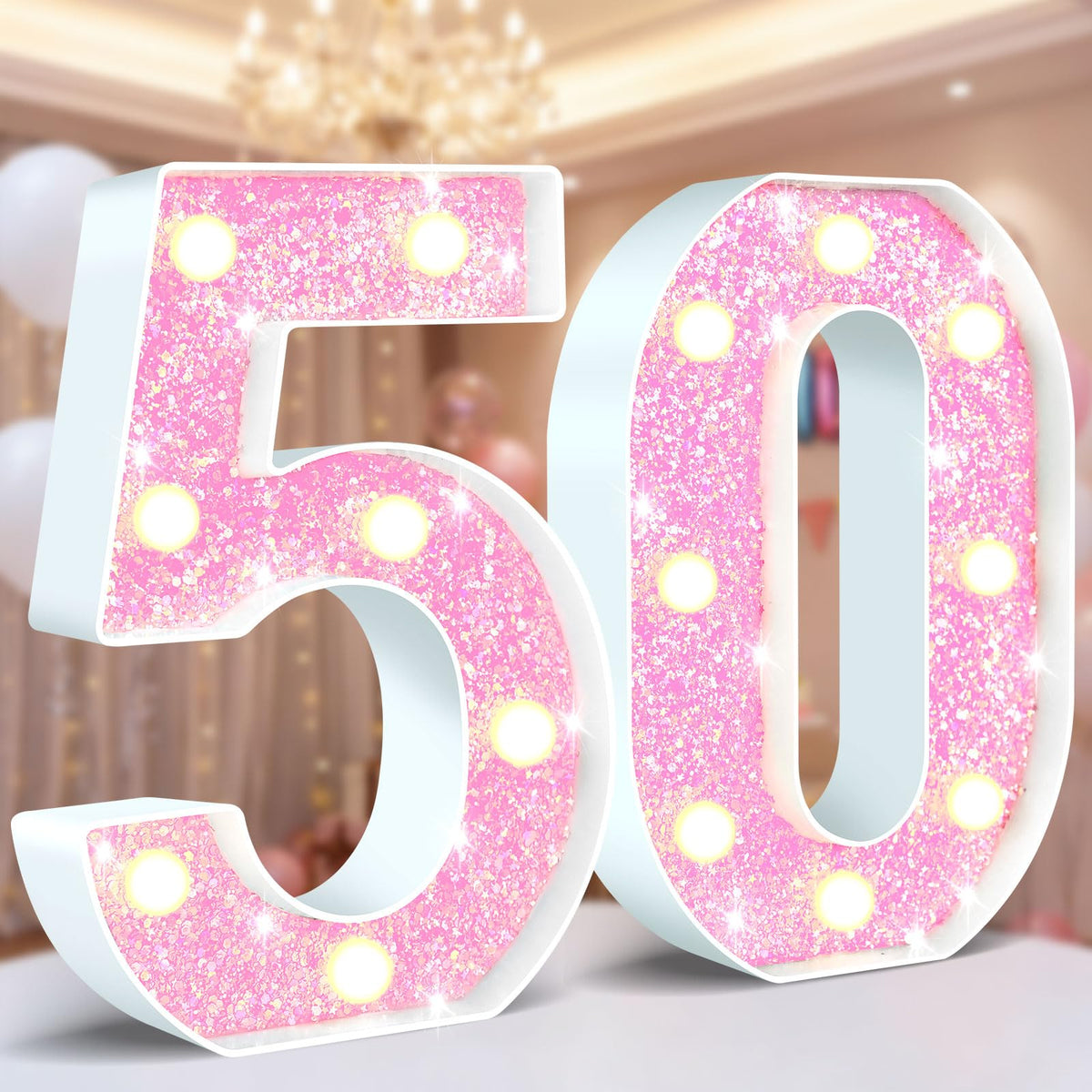Ledido Pink Glitter Light Up Number 80 for 80th Birthday Decorations