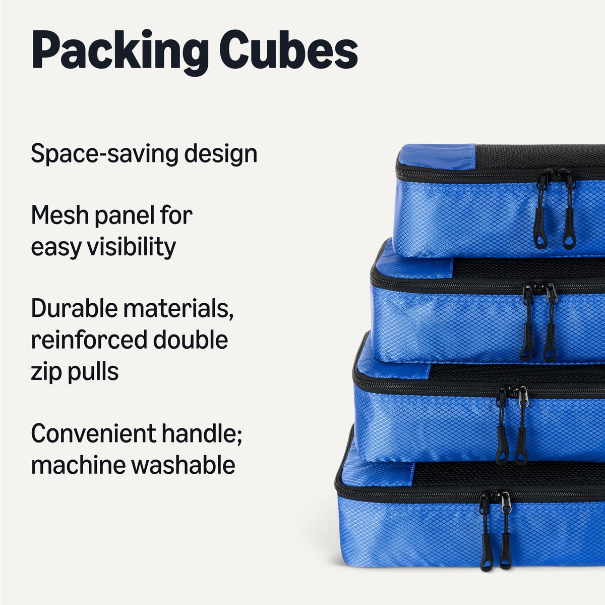Amazon Essentials 4-Piece Packing Cubes Travel Accessories Set, Luggage Organiser with Double Zip, Mesh Top, 100% Polyester, Medium, Black (Previously Amazon Basics)