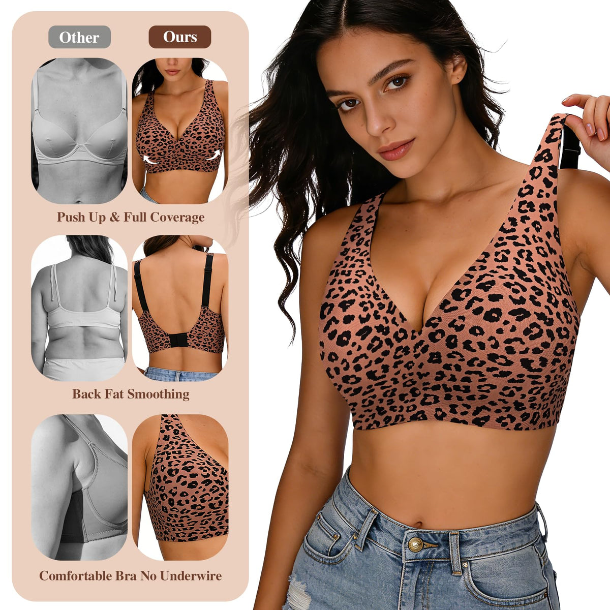 Seamless Jelly Bra,Full Cup Leopard Print Bra Comfort Sleep Jelly Push Up Bra Seamless No Under Wireless Bras for Women UK Everyday T Shirt Bras