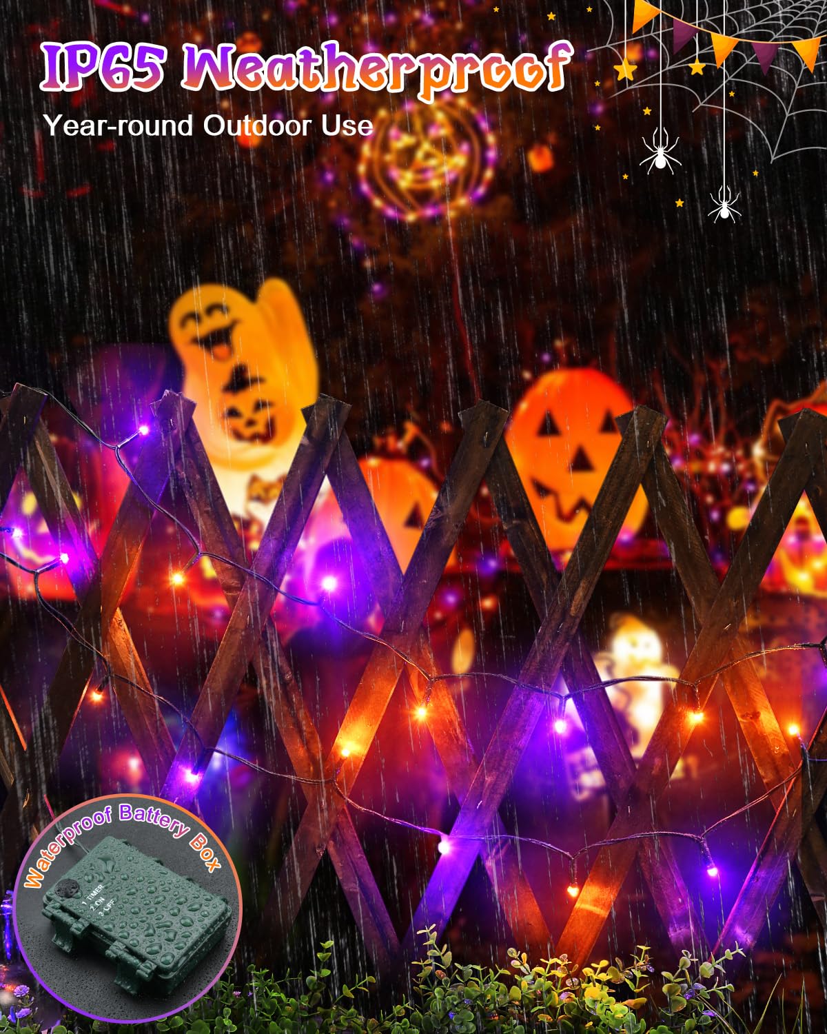 Dalugo Halloween Decoration Lights, 5M 50 LED Orange Purple White Fairy Lights with Timer, IP65 Waterproof Battery Powered Lights for Indoor Outdoor Autumn Halloween Decorations(Green Wire)