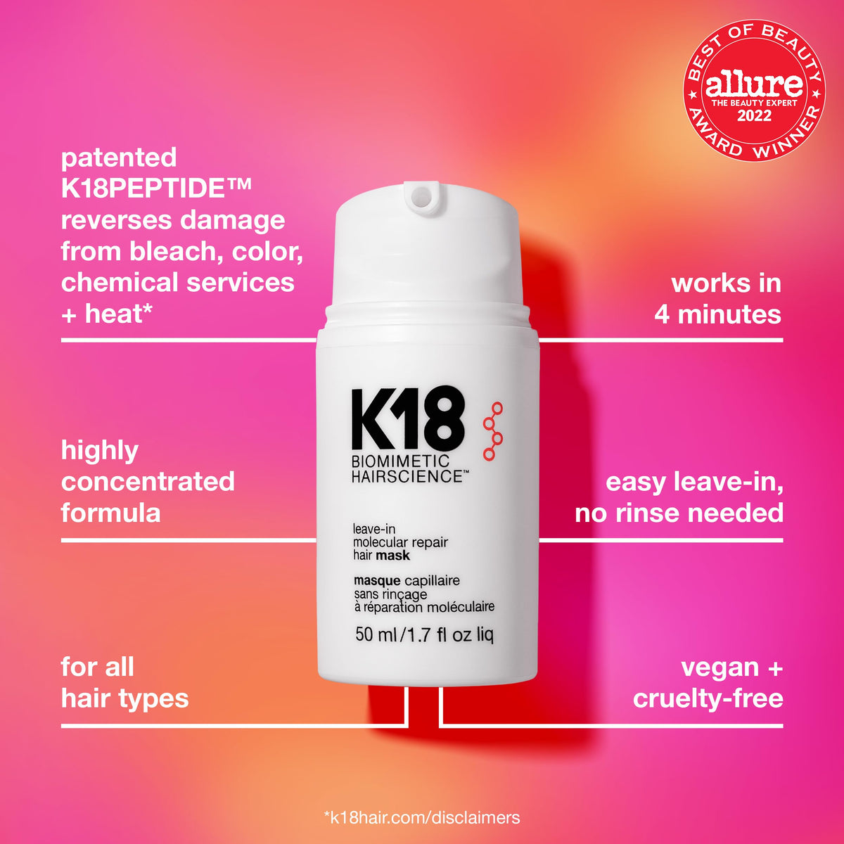 K18 Leave-In Molecular Hair Mask, Repairs Dry or Damaged Hair, Reverse Hair Damage from Bleach, Colour, Chemical Services & Heat