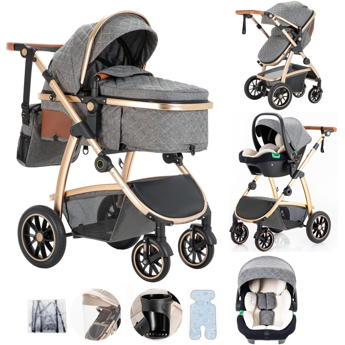 Baby Stroller 3 in 1,Travel Pushchair's Lie-Flat Pram is Foldable, Stroller System Handle is Adjustable, The Wheels are Made of PU Material, Suitable for 0-3 Years-Khaki