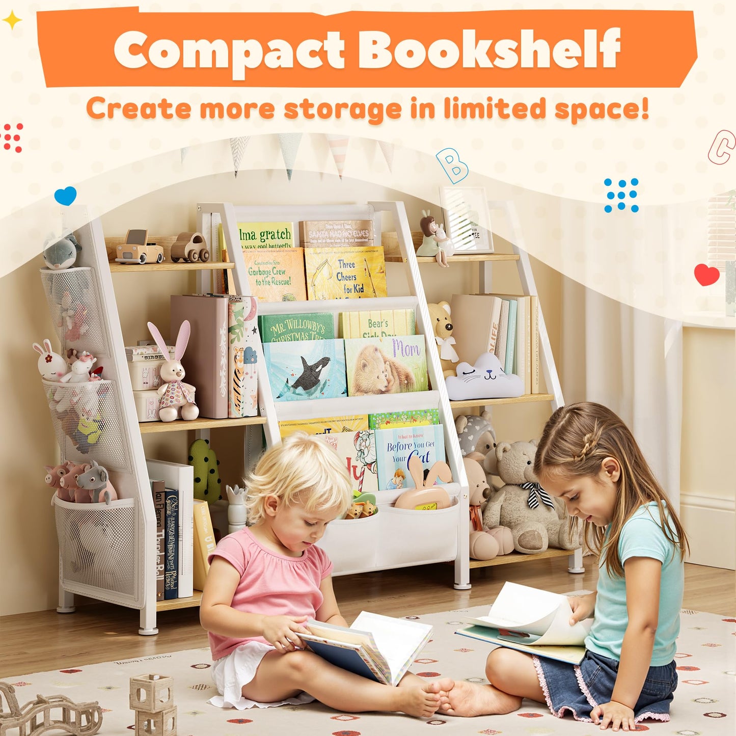 GoTiling Kids Bookshelf and Toy Storage Organizer: 3-Tier Sling Book Shelf with 3 Side Pockets for Kids Room - Toy Storage Organizer with 2 Fabric Drawers for Nursery, Bedroom, Playroom
