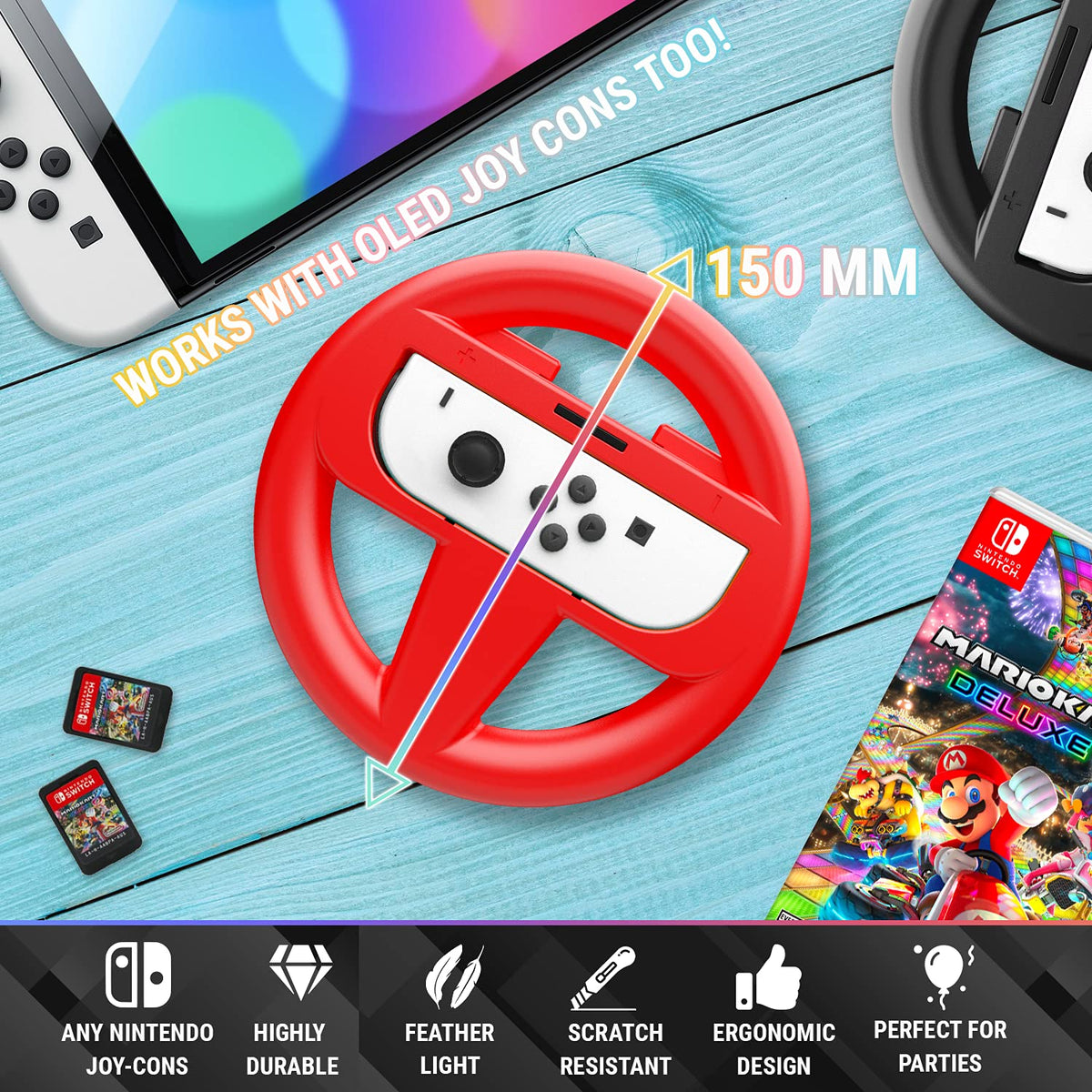 Orzly Racing Steering Wheels – Compatible with Switch 2 (2025 Console) – Party Pack of 4 Joy-Con Controller Attachments for Racing Games (2 Black, 1 Blue, 1 Red)