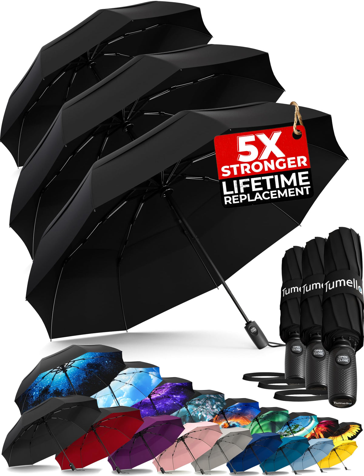 TUMELLA Strongest Windproof Travel Umbrella (Compact, 100MPH Wind-Tested)
