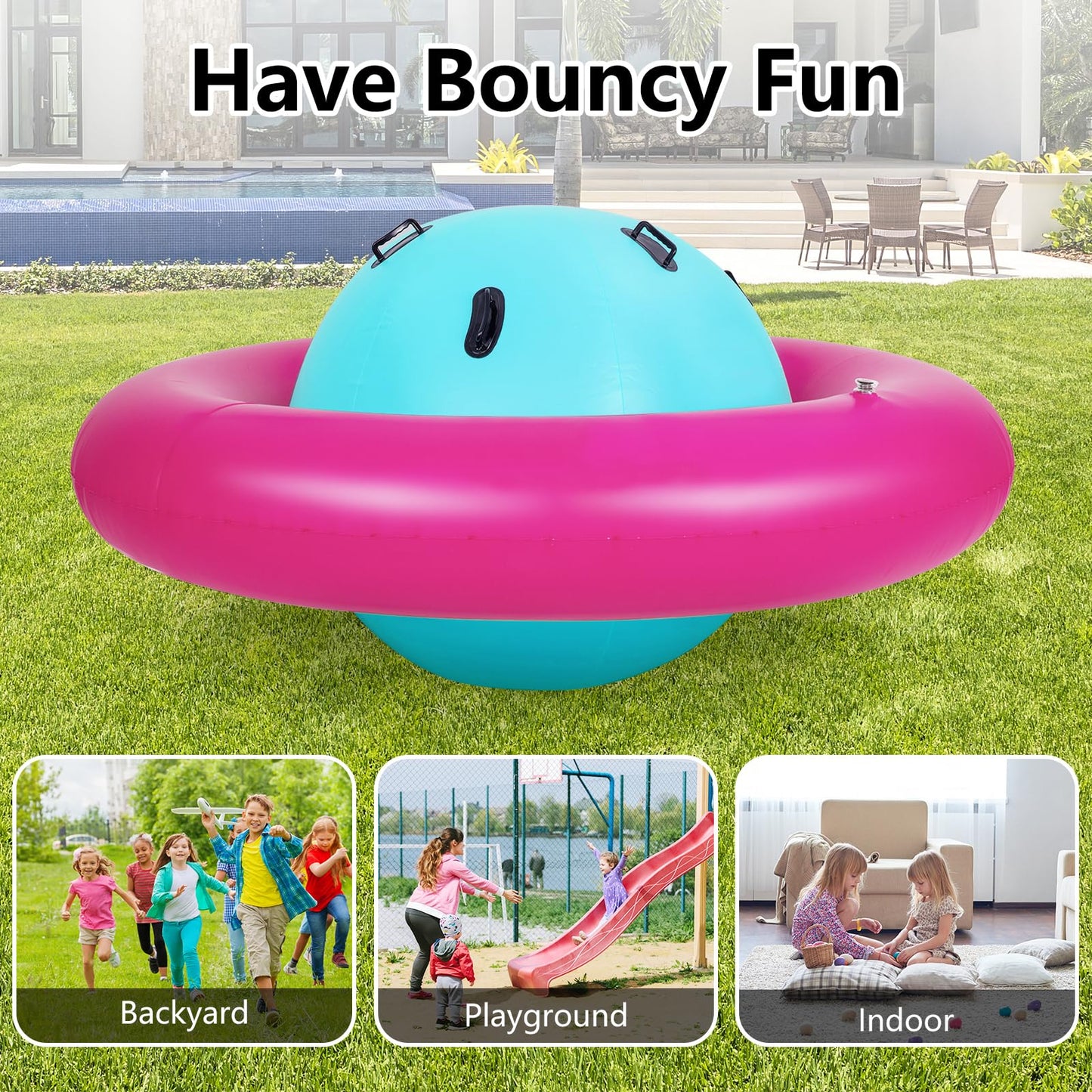 GYMAX 88'' Inflatable Dome Rocker Bouncer, Giant Inflatable Rocking Planet with 6 Handles, Indoor Outdoor Large Blow Up Rocking Ball for 5 Years Old+ Boys Girls, Max Weight 113kg (Pink+Green)