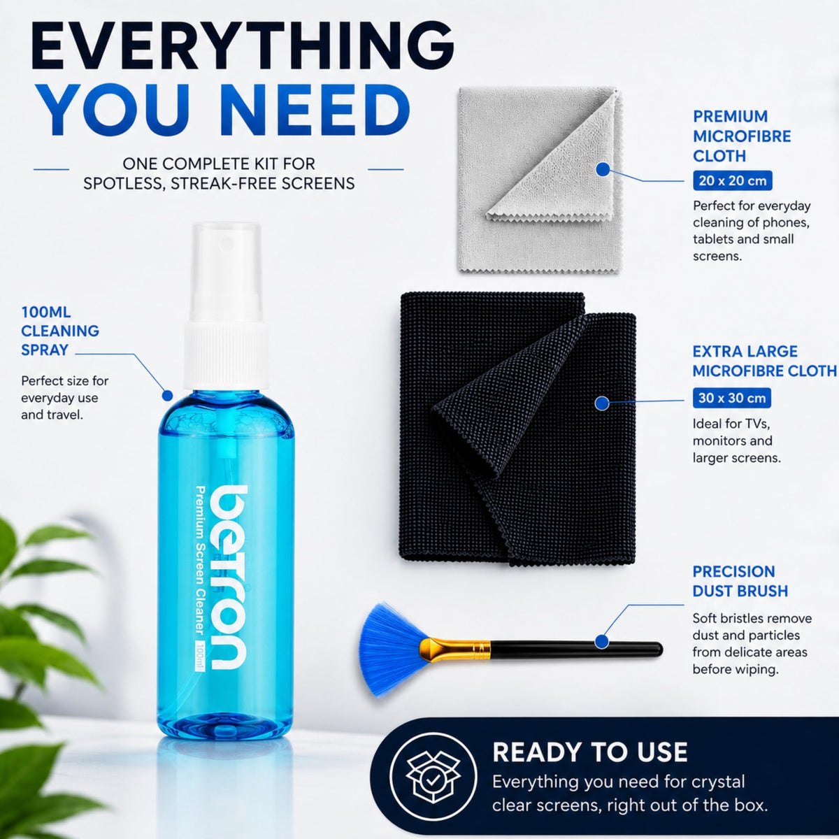 Betron Screen Cleaner Spray Kit with Cloth for TV, Laptop, Monitor, 200ml