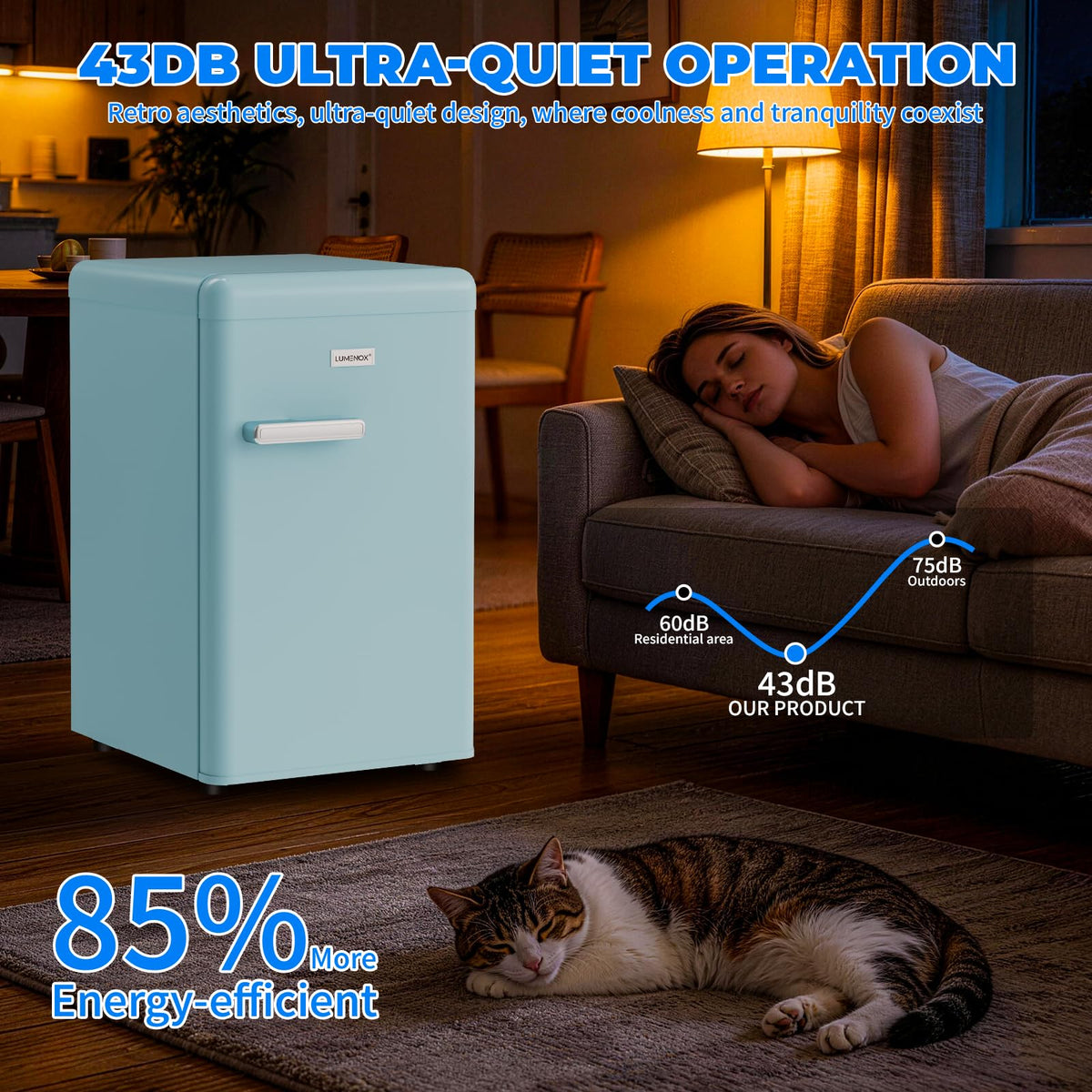 Retro Mini Fridge, 72L Compact Refrigerator, 43dB Quiet Operation, Adjustable 7-Temp Control, with LED Light, for Bedroom, Office, Kitchen & RV