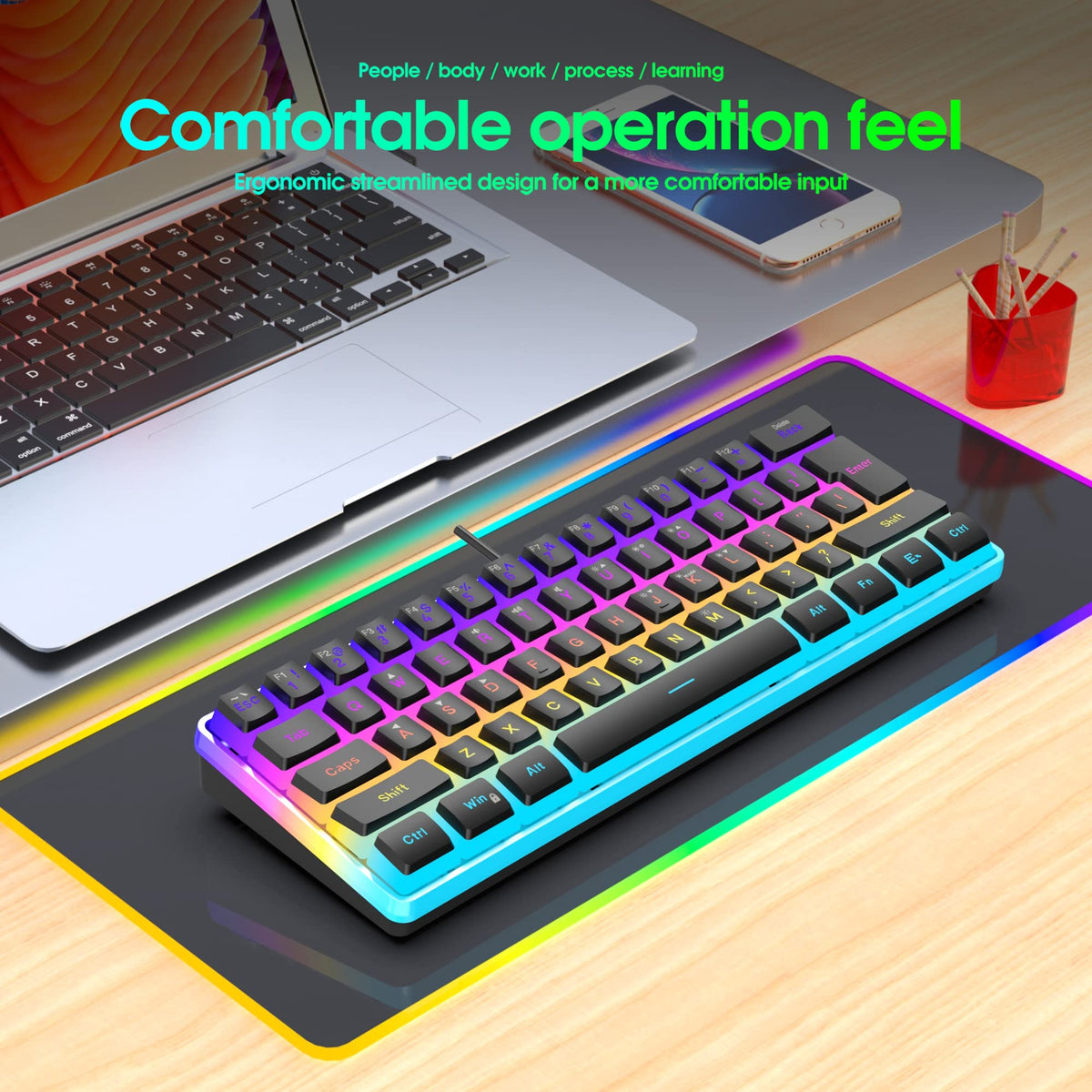 Snpurdiri Wired Mechanical Gaming Keyboard, 60% Size, LED Backlight, 61 Keys, Small Wired Office Keyboard for Windows Laptop/PC, Mac (Black-Red, Blue Switches)
