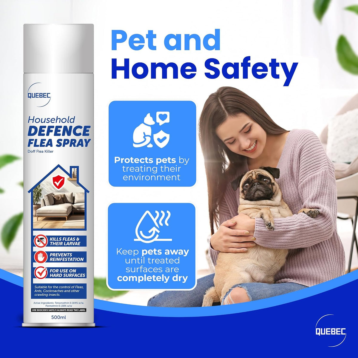 Quebec Household Flea Spray for the Home 500ml, Pack of 3