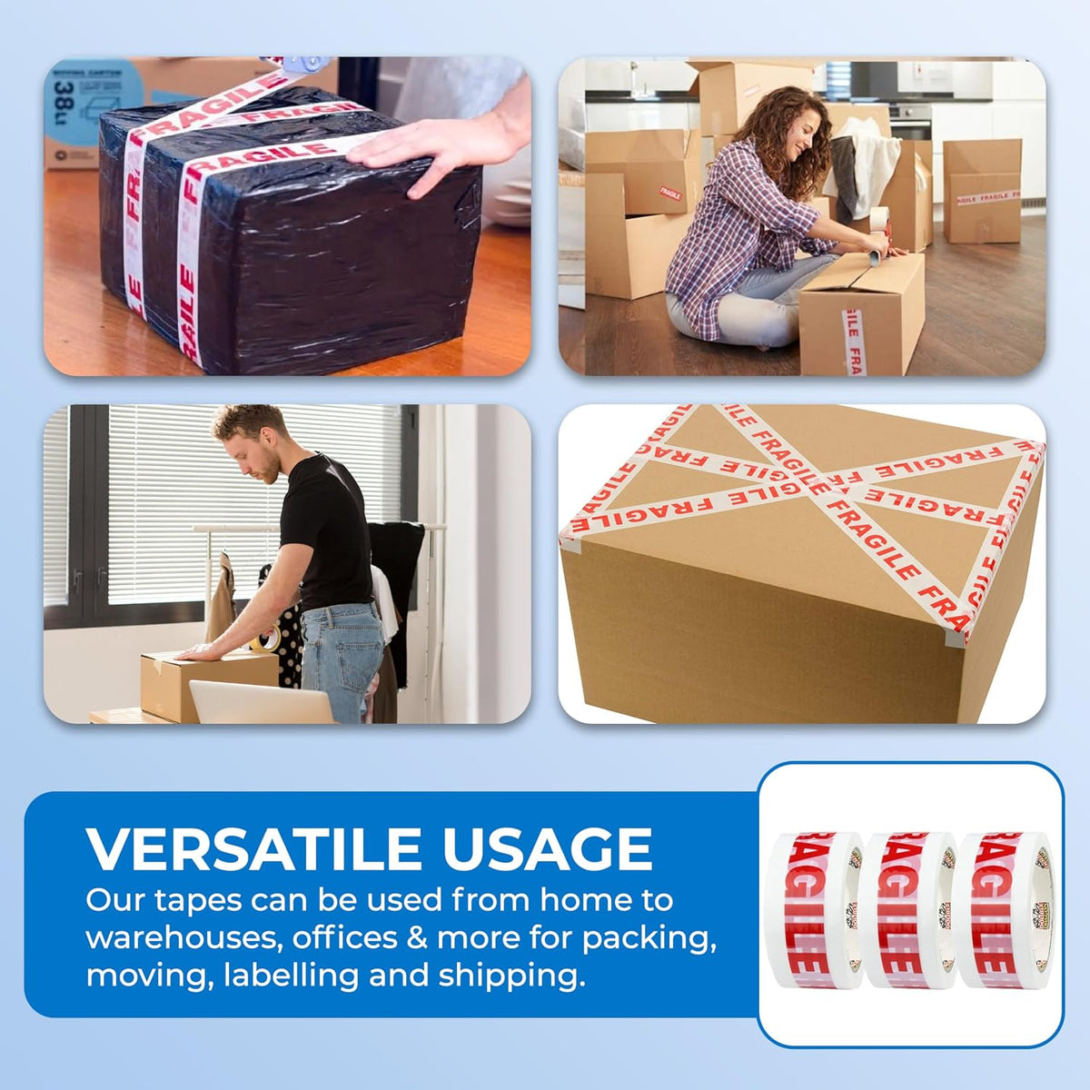 Double Dragon Extra Thick Fragile Printed Tape – 48mm wide, 66m long (Pack of 3) | Tear-Resistant, High-Tack & Long-Lasting | Ideal for Packing, Moving, Shipping, Labelling | Fits Dispensers etc