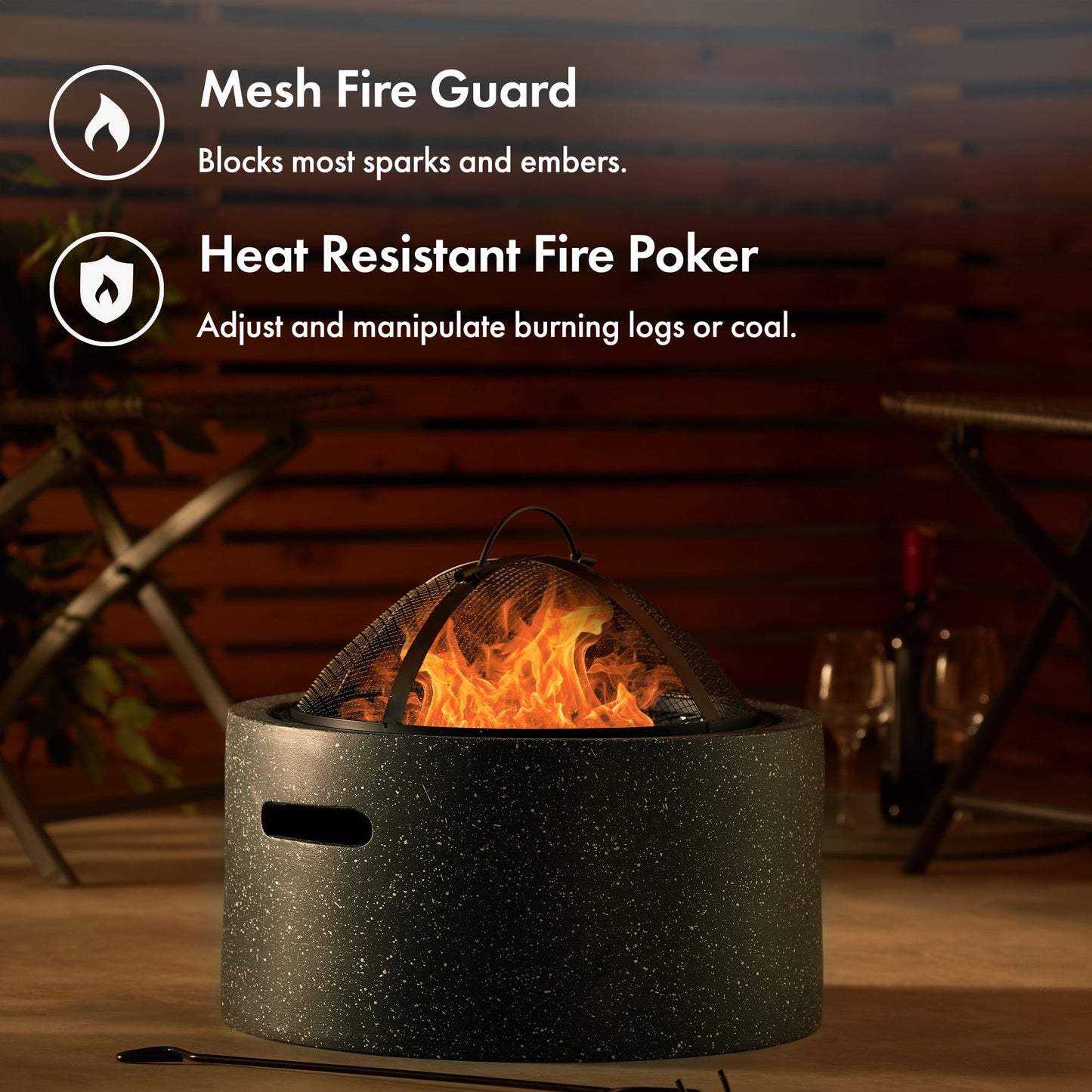 VonHaus Fire Pit – 2 in 1 Firepit with BBQ Cooking Grill for Outdoor, Garden, Patio – MgO Material, Stone Effect Finish, Fire Poker & Mesh Cover Included, Carry Handles – Use Wood or Charcoal to Fuel