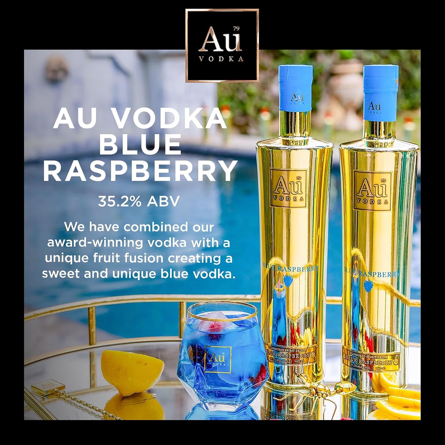 Au Vodka Gift Set - Blue Raspberry Flavoured Vodka 5cl Miniature & Diamond Cut Gold Glass - Official Licensed - Fathers Day, Birthday Gifts for Men and Women - Handcrafted In The UK, Alcohol Gift Set