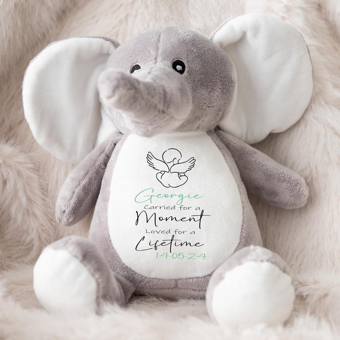 Personalised Teddy Baby Memorial Keepsake | Customised with Name or Message | Tribute for Baby Loss | Velveteen Rabbit Soft Toy | Grey, White