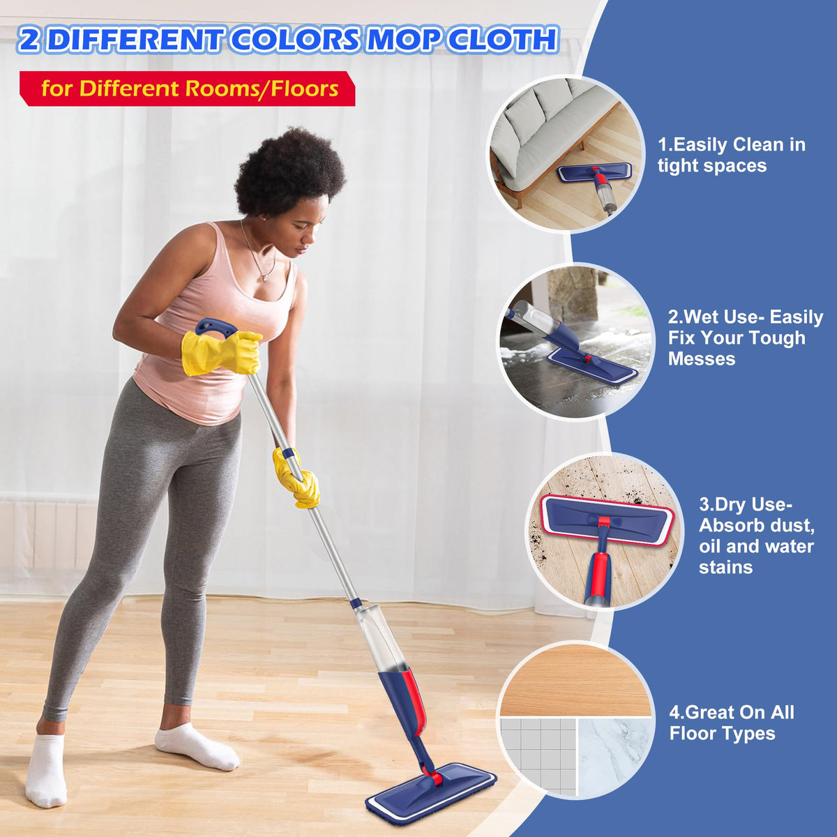 Microfibre Floor Mop with 4 Washable Pads: Spray Mops for Cleaning Floors