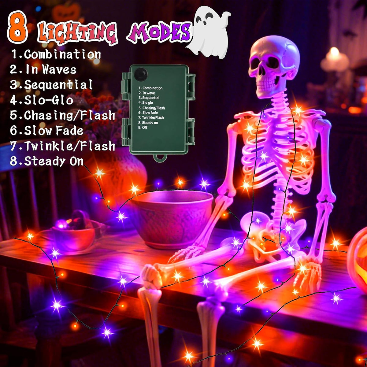 cshare Halloween Decorations Fairy Lights, 20Ft 60LED Orange-Purple USB/Battery String Lights with Timer Waterproof for Outdoor Indoor Autumn Fall Halloween Decorations-Green Wire