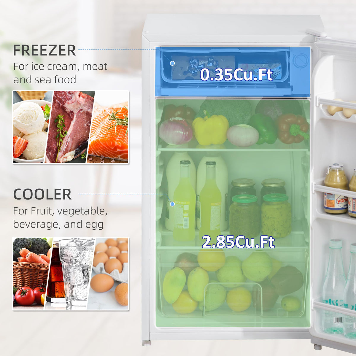 HOMCOM Under Counter Fridge 91L Small Fridge with Chiller Box Silver Tone