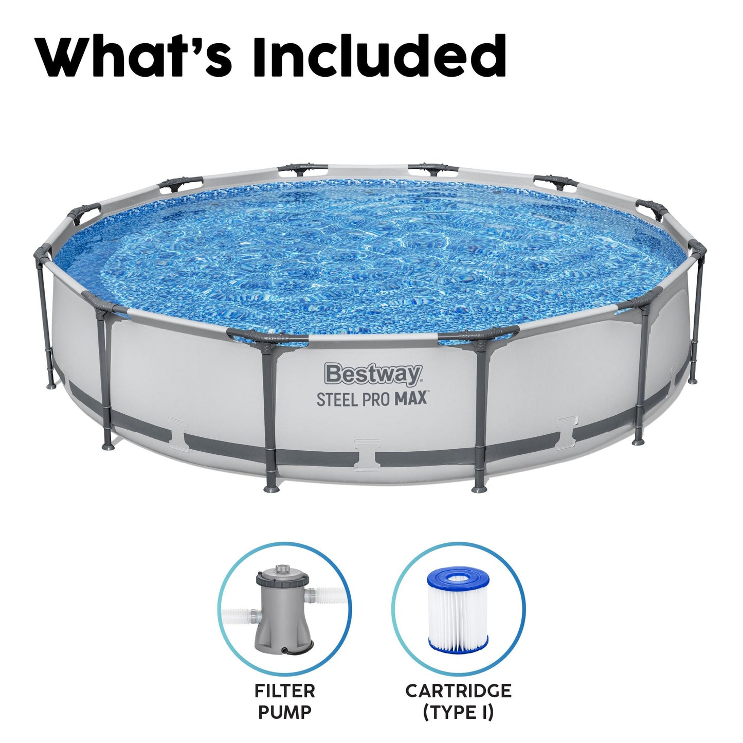 Bestway MAX Steel Pro Round Frame Swimming Pool with Filter Pump, Grey, 10 ft, Multicolour