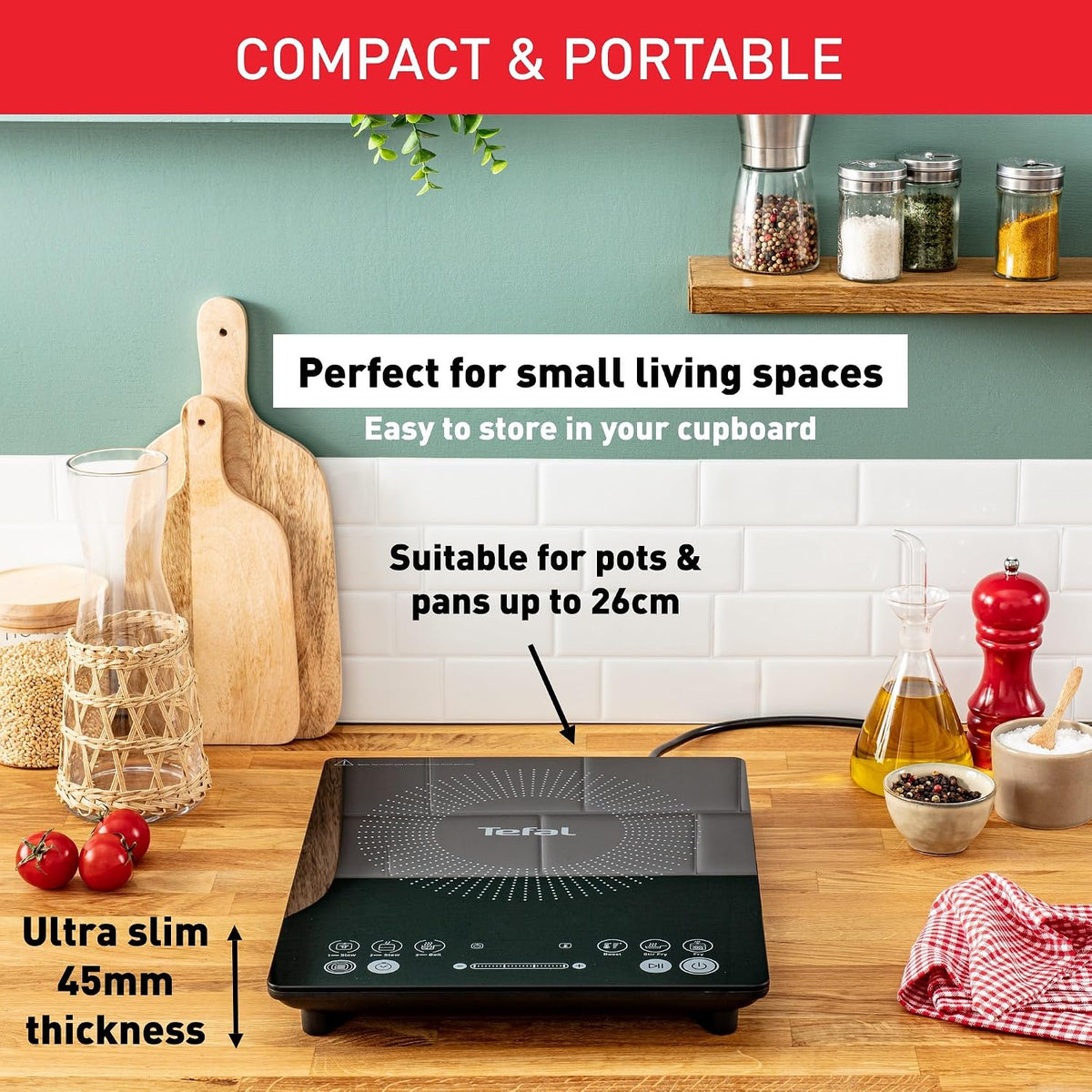 Tefal Slim Portable Induction Hob, 2100W, 6 Functions, Compact, Black