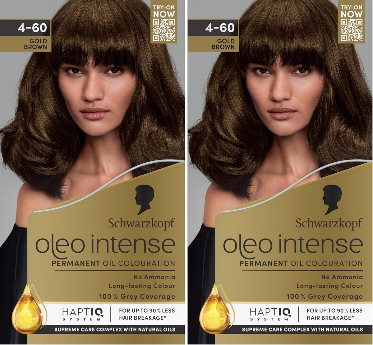 Schwarzkopf Oleo Intense Permanent Hair Colour 4-60 Gold Brown | Ammonia Free Oil Hair Dye | 100% Grey Coverage | Long-Lasting Rich Colour | With HaptIQ System & Caring Oil Mask (Pack of 2)