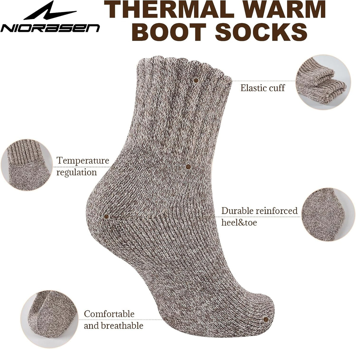 Niorasen Women's Thermal Socks, 3 Pairs Full Cushioned, Cosy Gift Winter