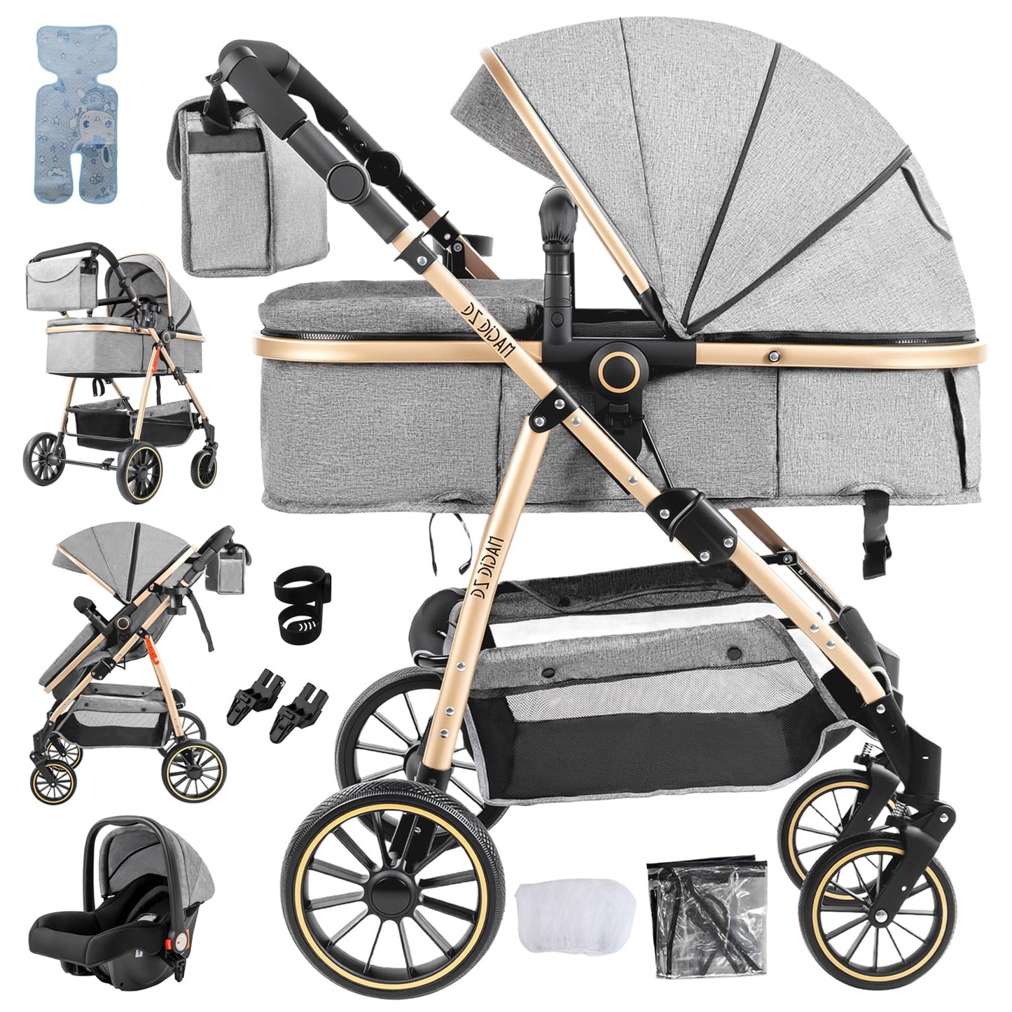PU Leather 3 in 1 Pushchair Travel System, Toddler Stroller, Baby Pram 3 in 1, Infant Carriage with One-Click Folding, Newborn Buggy with Aluminum Frame (V6 Black)