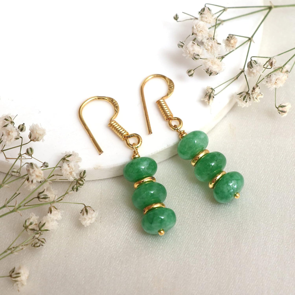 Gempires Natural Gemstone Rondelle Bead Earrings for Women | 8mm Beaded Drop Dangle Earrings | Gold Plated Hypoallergenic Hook Jewelry | Handmade Lightweight Crystal Earrings