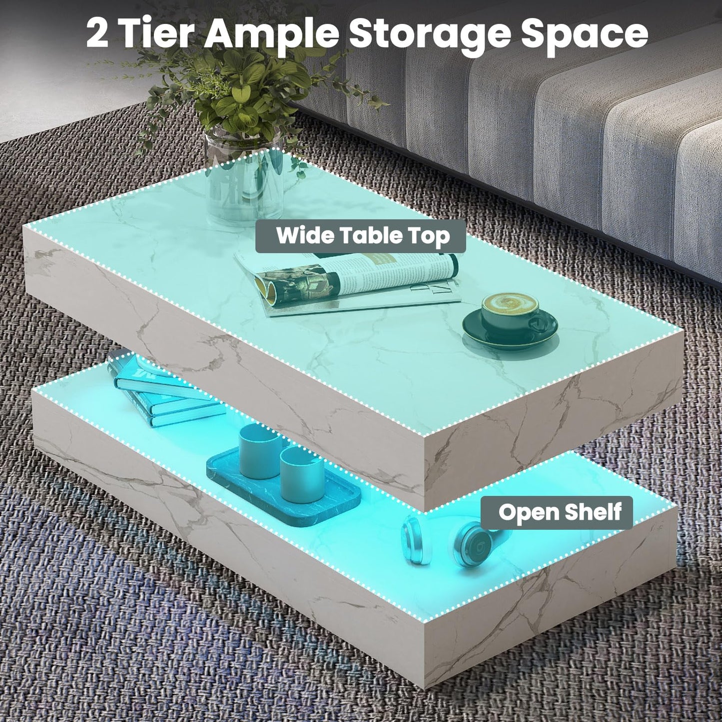 COSVALVE White Marble Coffee Table for Living Room with 24 Colors LED Light, 2 Tier High Gloss Modern Centre Table Rectangle Tea Table for Home, Office Furniture