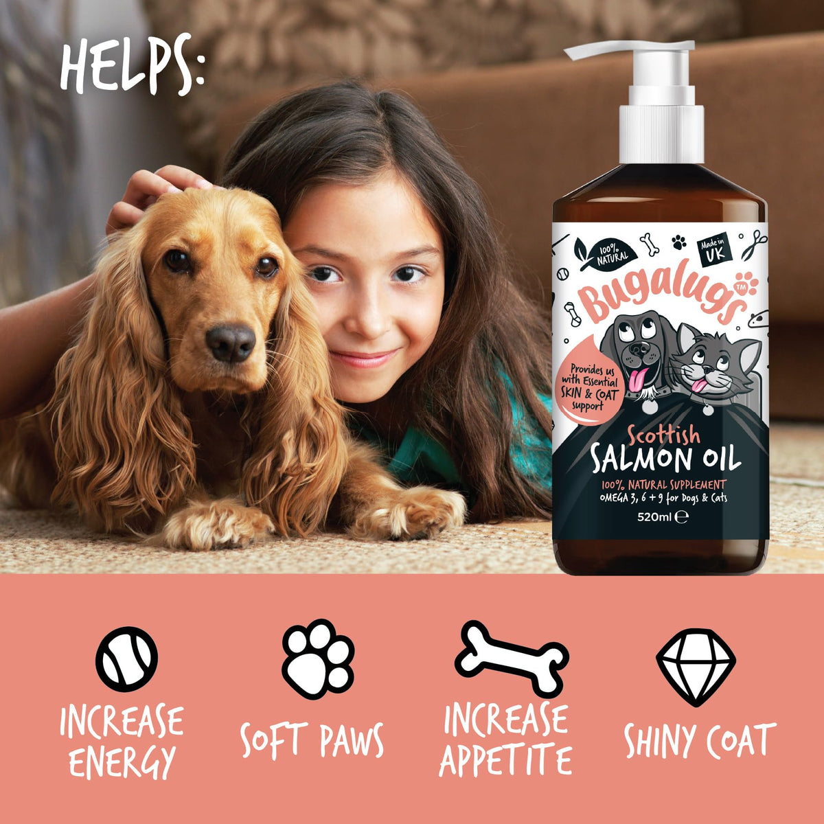 Bugalugs Scottish Salmon Oil For Dogs & Cats, Dog Supplement Support for Skin And Coat, Itchy Skin & Moulting, Omega 3 Fish Oil (Salmon, 500ml)