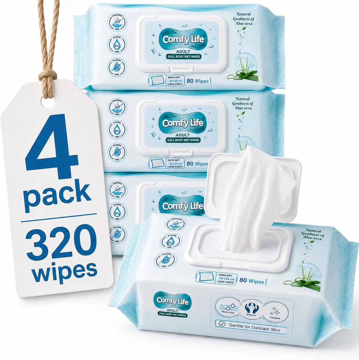 Comfy Life Premium Full Body Cleansing Wet Wipes For Adults - Large Luxury Fresh-feel Rinse-free Fragrance-free Bed Bath Incontinence Hygiene Intimate-care Soft Sheets (4 Pack (320 Wipes)