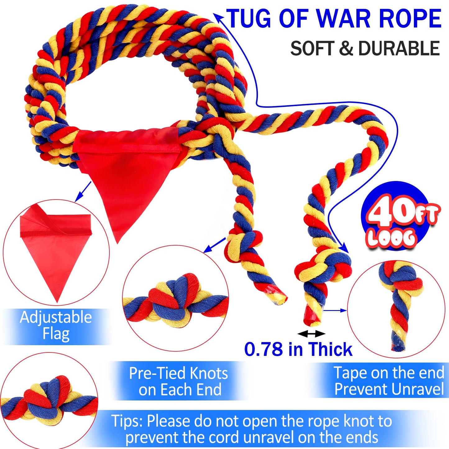 Tug of War Rope 20FT for Kids and Adults, Outdoor Field Day Lawn Yard Family Reunion Birthday Party Games, Outside Backyard Camping Picnic Game,Carnival Games Fun for Team Building Activities