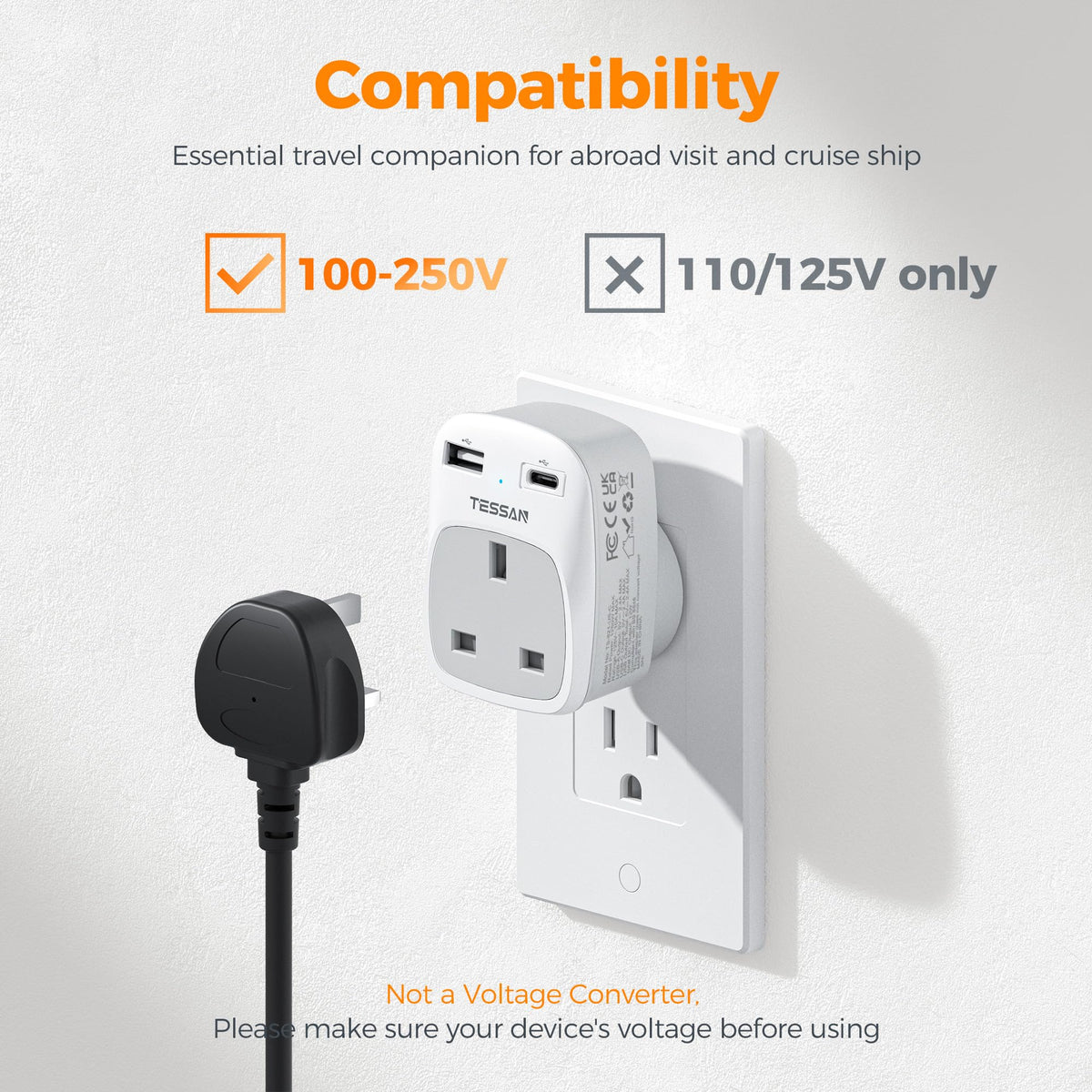 TESSAN UK to Australia Plug Adapter, Type I AU NZ Travel Adapter with USB C