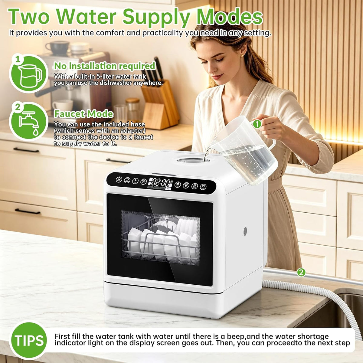 Countertop Dishwasher, Portable Dishwasher with 5L Built-in Water Tank, 5 Programs with 40 dB, 360° Dual Spray, 6 Full Accessories for Homes, Apartments and RVs