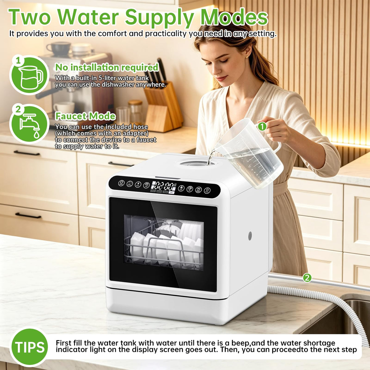 Countertop Dishwasher, Portable Dishwasher with 5L Built-in Water Tank, 5 Programs with 40 dB, 360° Dual Spray, 6 Full Accessories for Homes, Apartments and RVs
