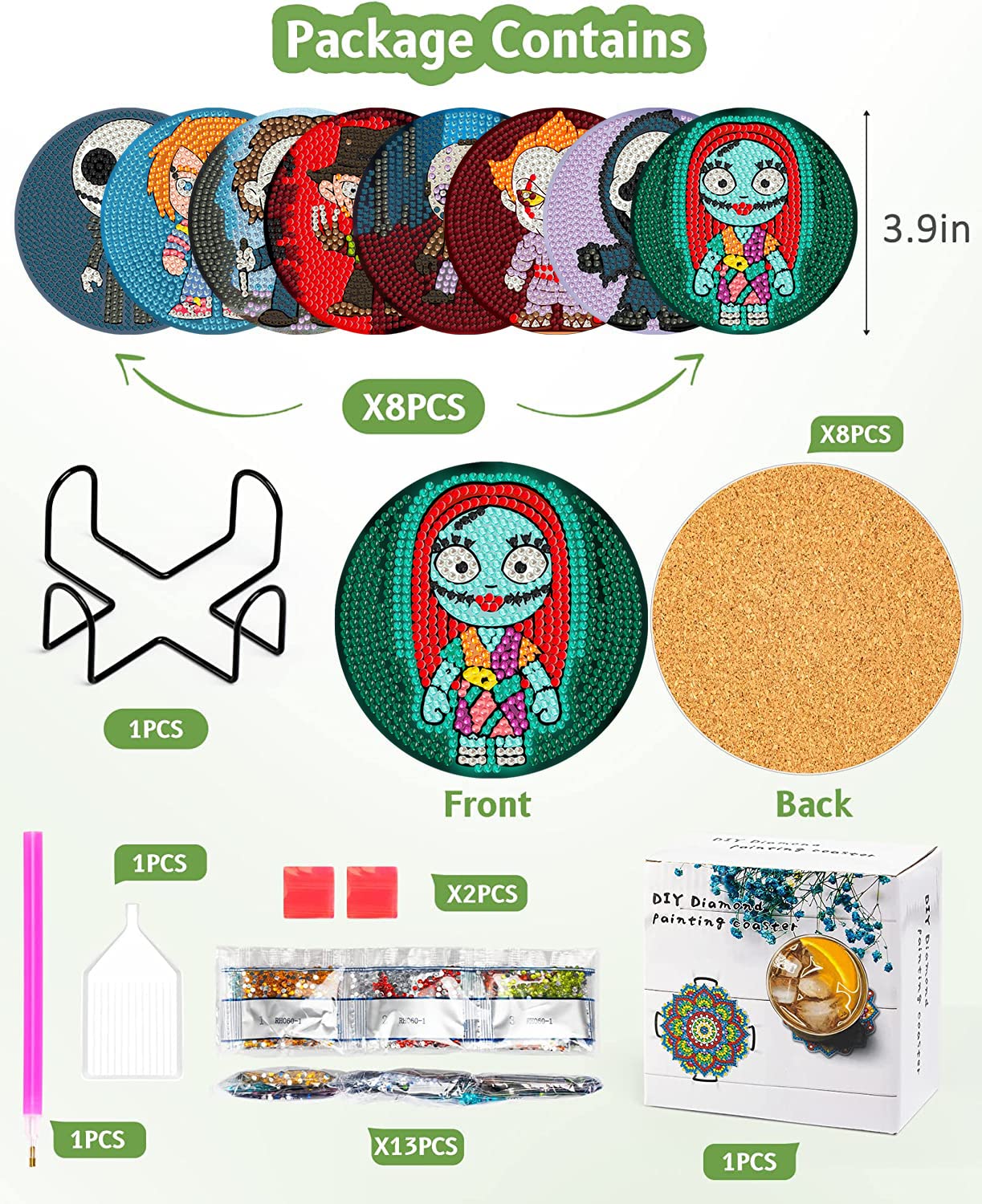 8Pcs Diamond Painting Coasters with Holder,DIY Cocktail Life Coaster Diamond Art Kits for Adults Kids,Beginners Round Full Drill Diamonds Art Craft Supplies