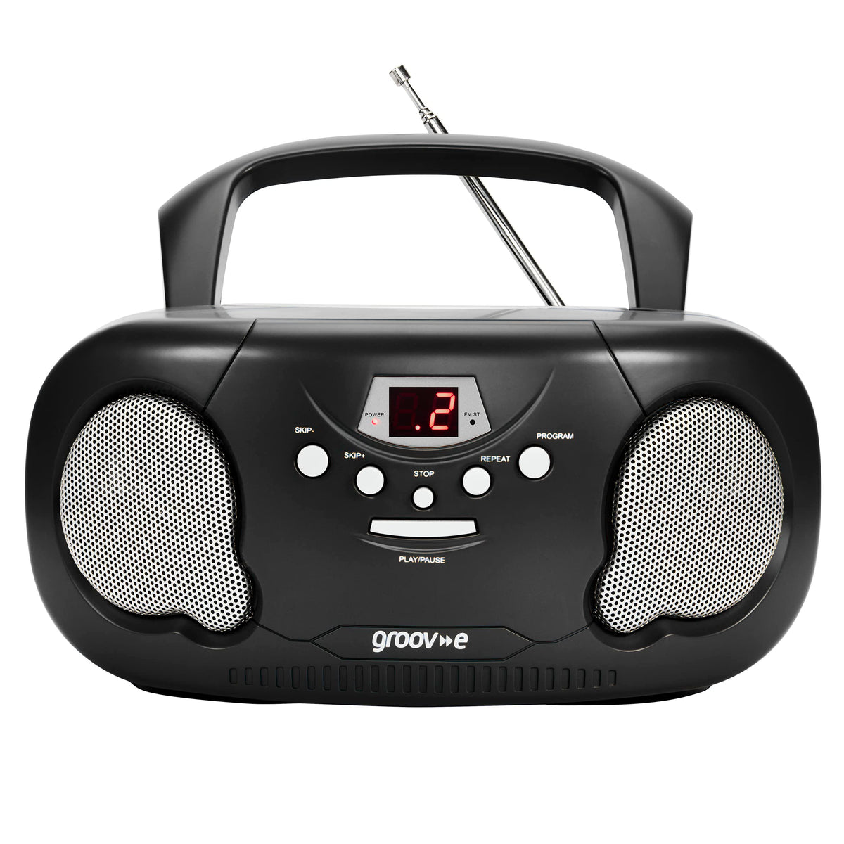 Groov-e Original Boombox - Portable CD Player with Bluetooth, Radio, 3.5mm Aux Port, & Headphone Socket - LED Display, 2 x 1.2W Speakers - Battery or Mains Powered - Black