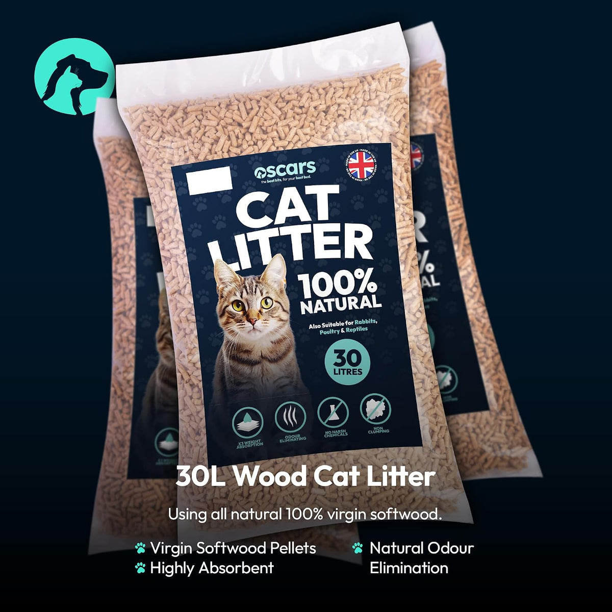 Oscars Wood Pellet Cat Litter 30L - Ultra-Absorbent, Low Dust, Non-Clumping