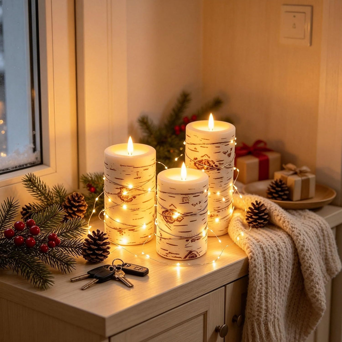 Da by 3 Pack Ivory Flameless LED Candles with Fairy Lights, Realistic Moving Flame Paraffin Wax Candles, Remote Control, Soft Warm Light, 8cm D x 12.5/14.5/16.5cm H, Indoor Wedding Home Decor