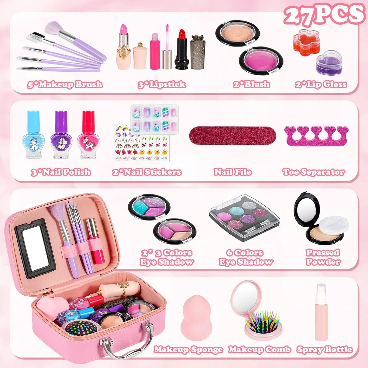 kizplays Makeup Toys for Girls, Kids Make up Kit Toy, 27 Pieces Real Washable Cosmetic Set, Play Makeup Set Gift for 3 4 5 6 7 Years Old