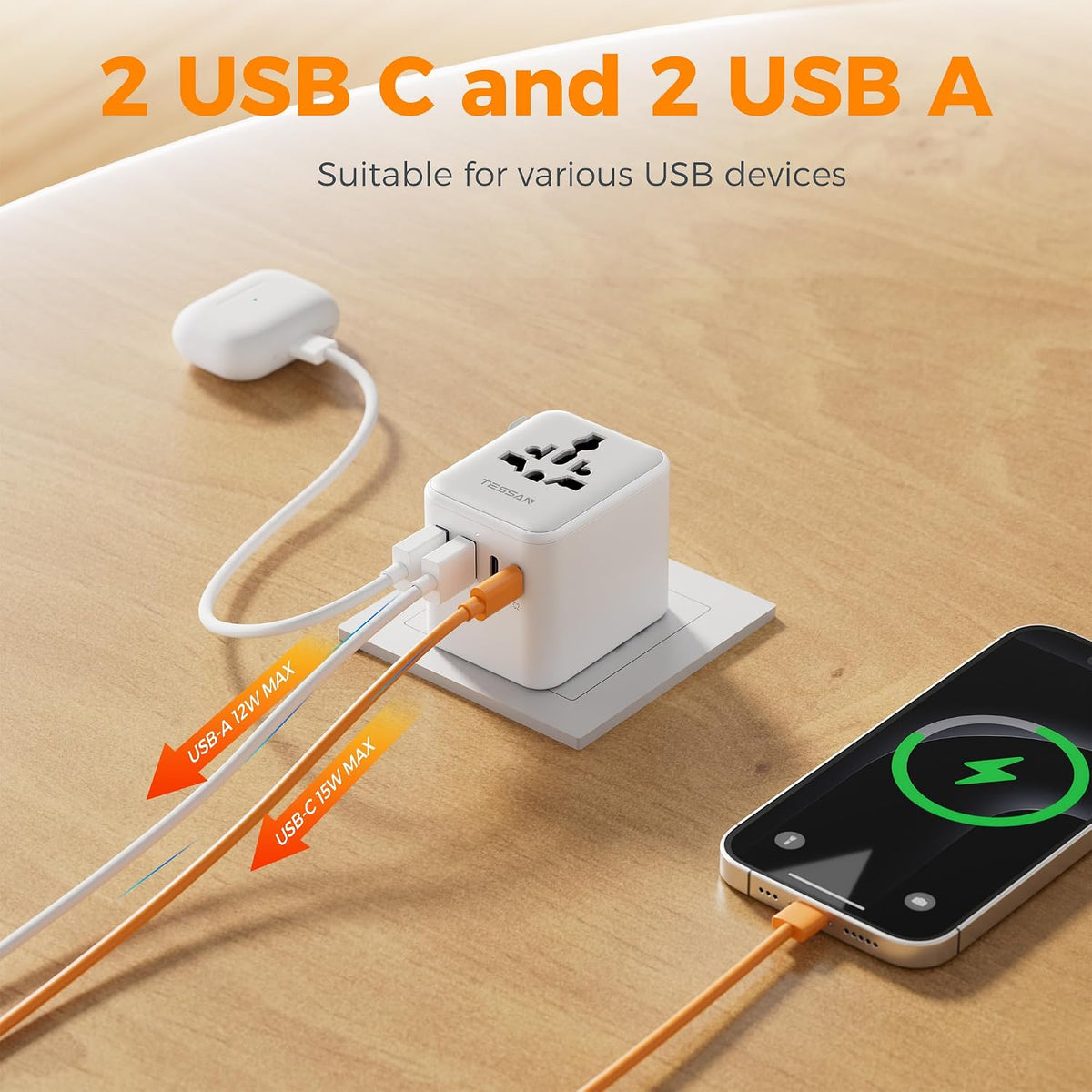 TESSAN Universal Travel Adapter Worldwide with 2 USB C and 2 USB A Ports